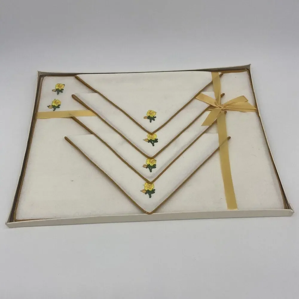 Vintage Embroidered Floral Applique Yellow Trim Placemats & Napkins ~NOS 8piece